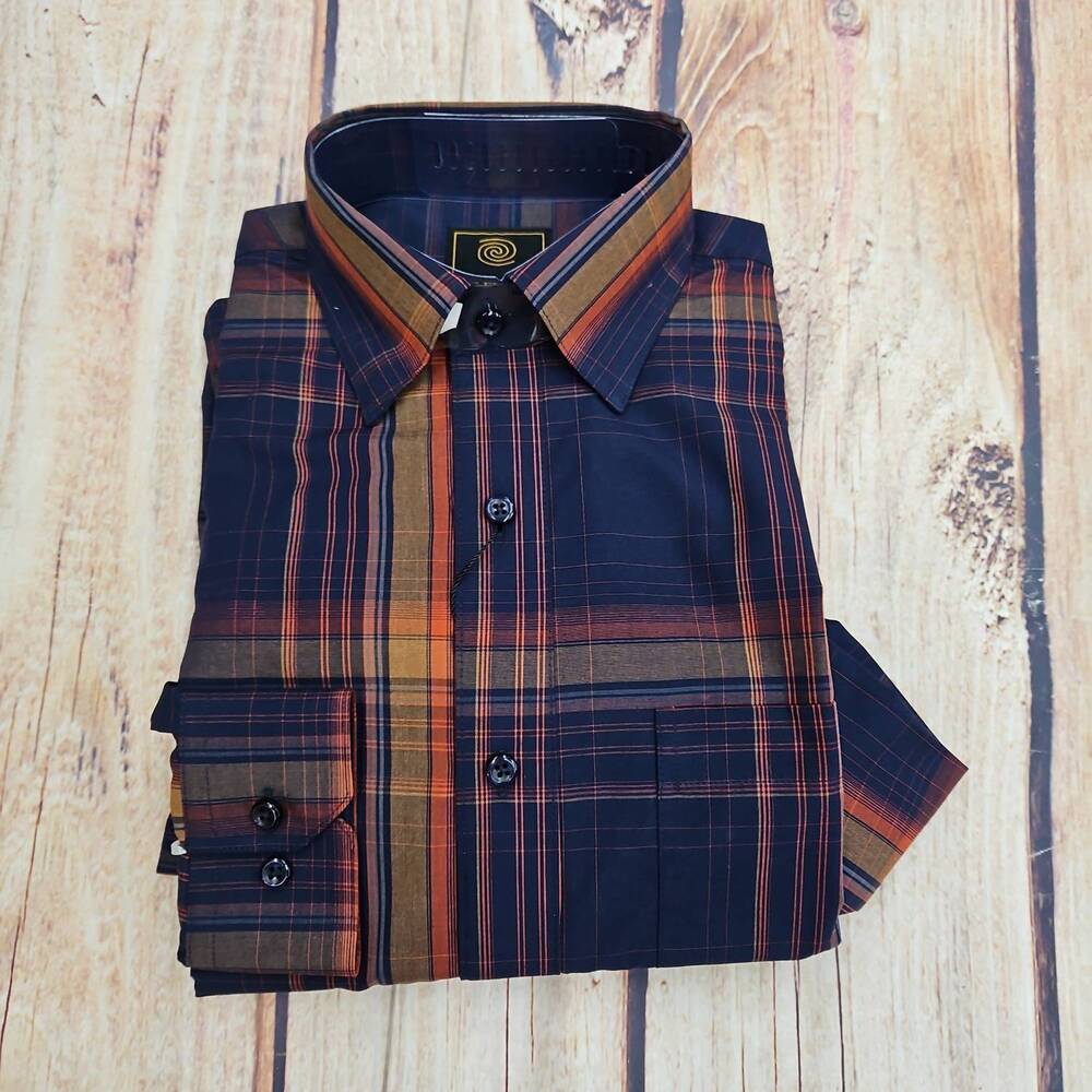 NEW F/X FUSION men's multi plaid button up shirt in navy/rust